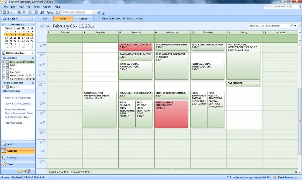 A regular dental school week, the red blocks are tests.